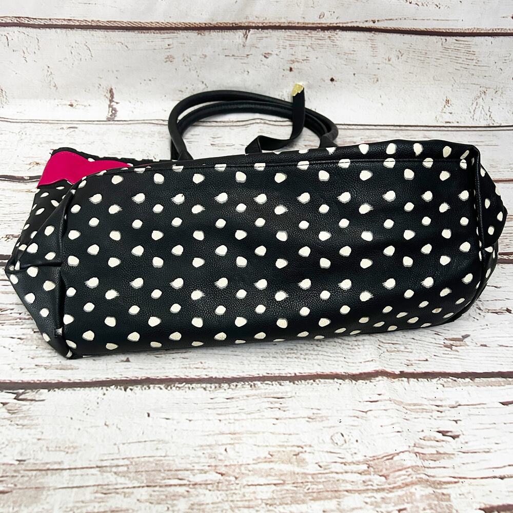 BETSEY JOHNSON Black White Polka Dot Tote Bag Pink Scalloped Trim Bow Large - Picture 8 of 12